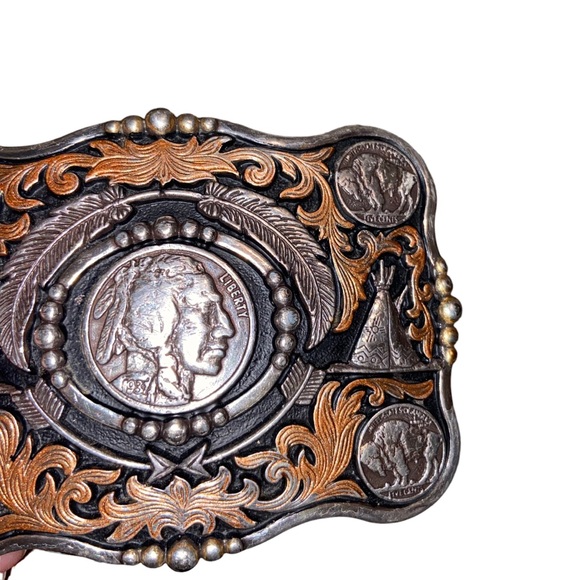 Vintage Justin Tooled Leather Belt Mens Size 38 Buckle Native American Buffalo - Picture 12 of 13